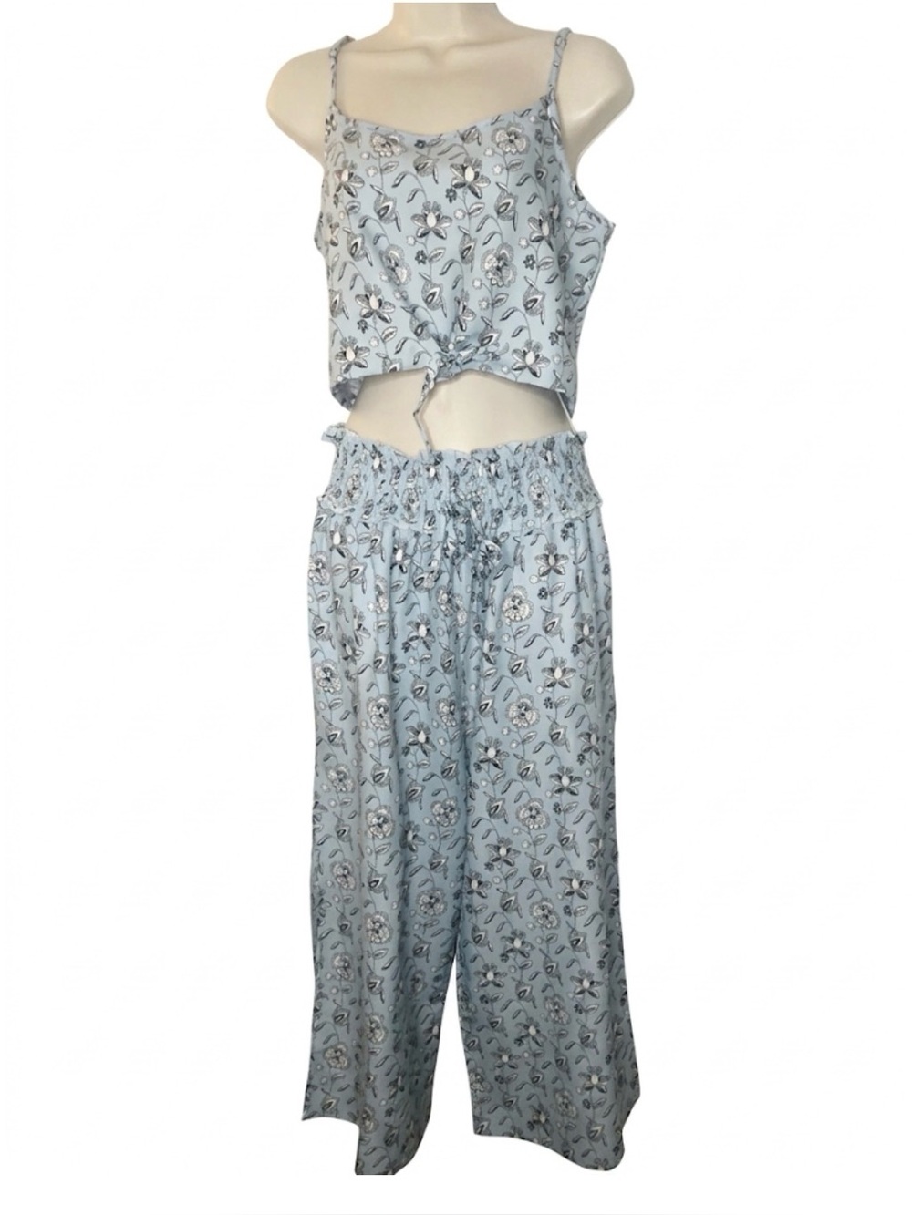 Salty Lemon Floral Two-Piece Cami Wide Leg Cropped Pant Set Light Blue Size L